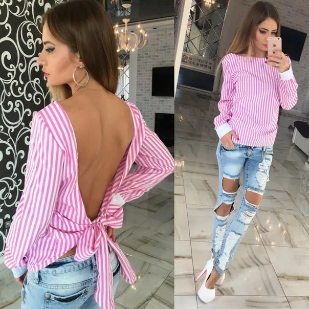 

BKLD Women Blouse 2023 Spring Autumn New Women Sexy Bow Back Open Striped Blouse Shirt Long Sleeve Blouse Women Tops Pink Gray