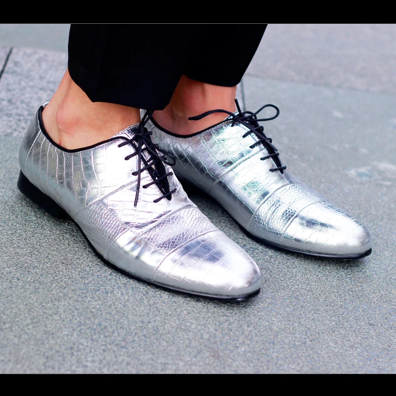 

Fashion men's silver color pointed real leather oxfords embossed leather casual flats european style lace up party shoes men
