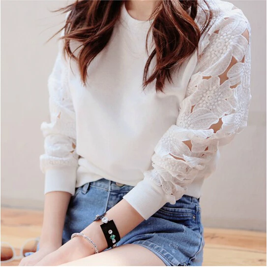 Женщина одежда о образным Nect цветок кружево полые длинный рукав пуловер базовые