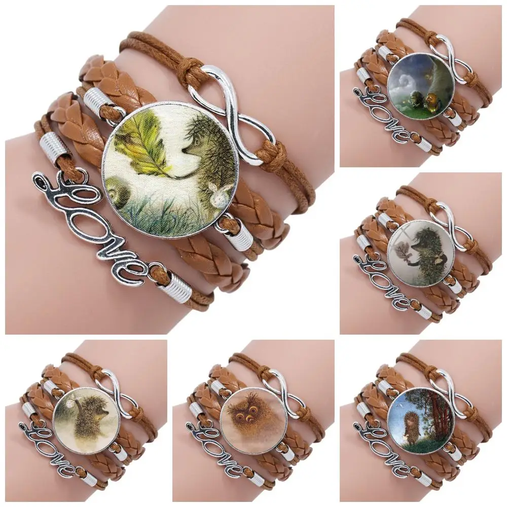 Женский и мужской браслет из кожи многослойный черный/коричневый Ежика в тумане