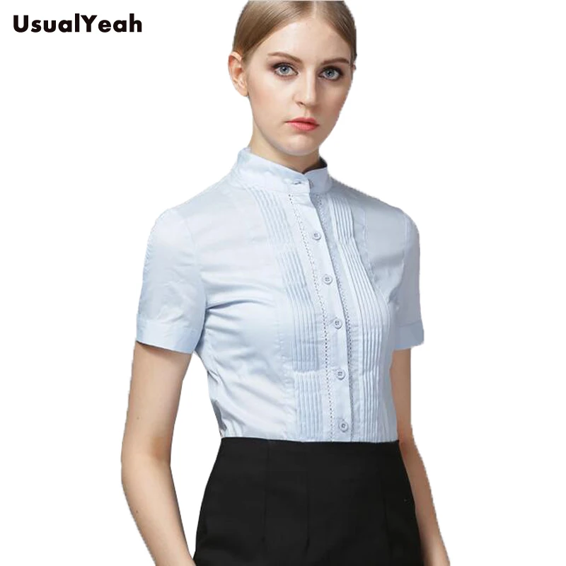 New  Summer style Women Body Shirt Lace Patchwork Formal Short Sleeve Office Blouses Shirts White Blue SY0277 S-XXL