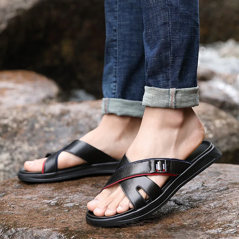 Мужские летние сандалии из натуральной кожи пляжные повседневные Черные слиперы