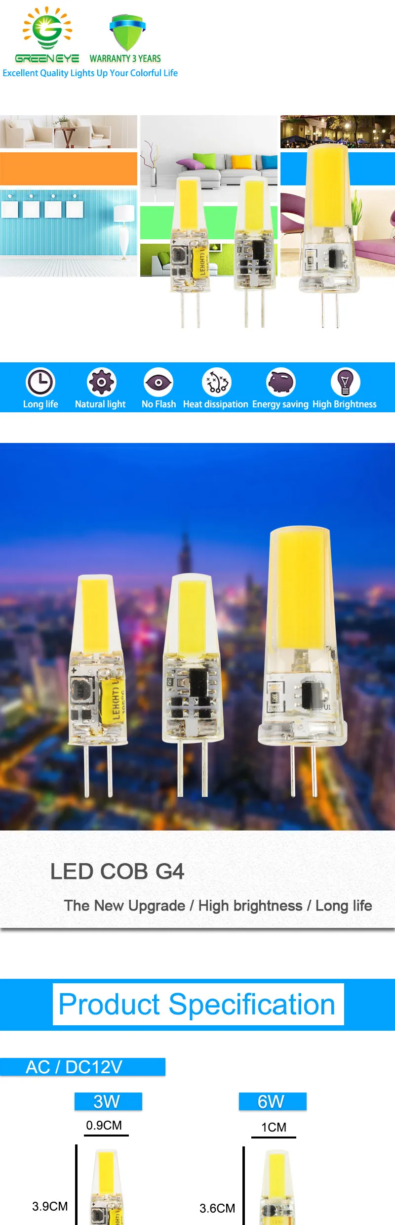 GreenEye 10 шт./лот светодиодный G4 лампочка AC/DC 12 В 220 В 3 Вт 6 Вт 10 Вт COB SMD СВЕТОДИОДНЫЙ G4 лампа с регулируемой яркостью Замена галогенного прожектора люстра