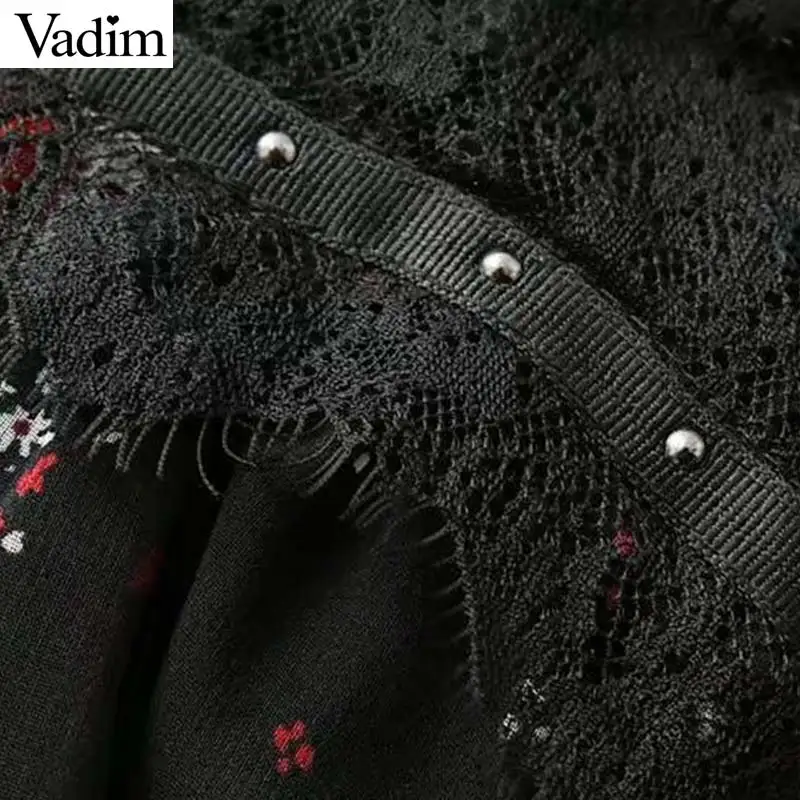 Vadim women vintage floral chiffon dress lace patchwork o neck long sleeve retro ladies casual brand chic mini dresses QZ3480 | Женская