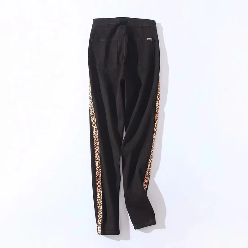 Винтажные женские леопардовые джинсы в полоску 2019 Модные черные джинсовые брюки