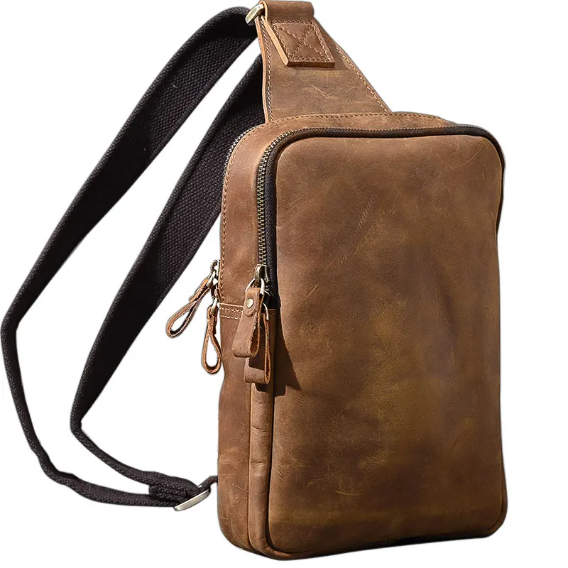 Men Chest Bags Double Compartment Zipper Big Chest Bag Men Shoulder Messenger Bag Crazy Horse Leather Tide Genuine Leather Soft