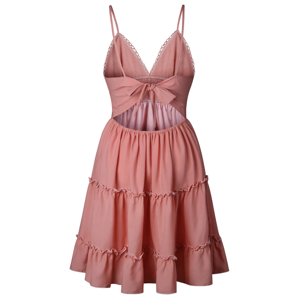 

Women Casual Halter Strap Backless Beach Mini Dress Summer Dress Mini Dress Lace Dress S-XL
