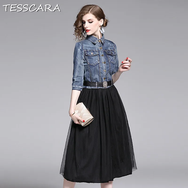 Женское джинсовое платье рубашка TESSCARA длинное повседневное дизайнерское Из