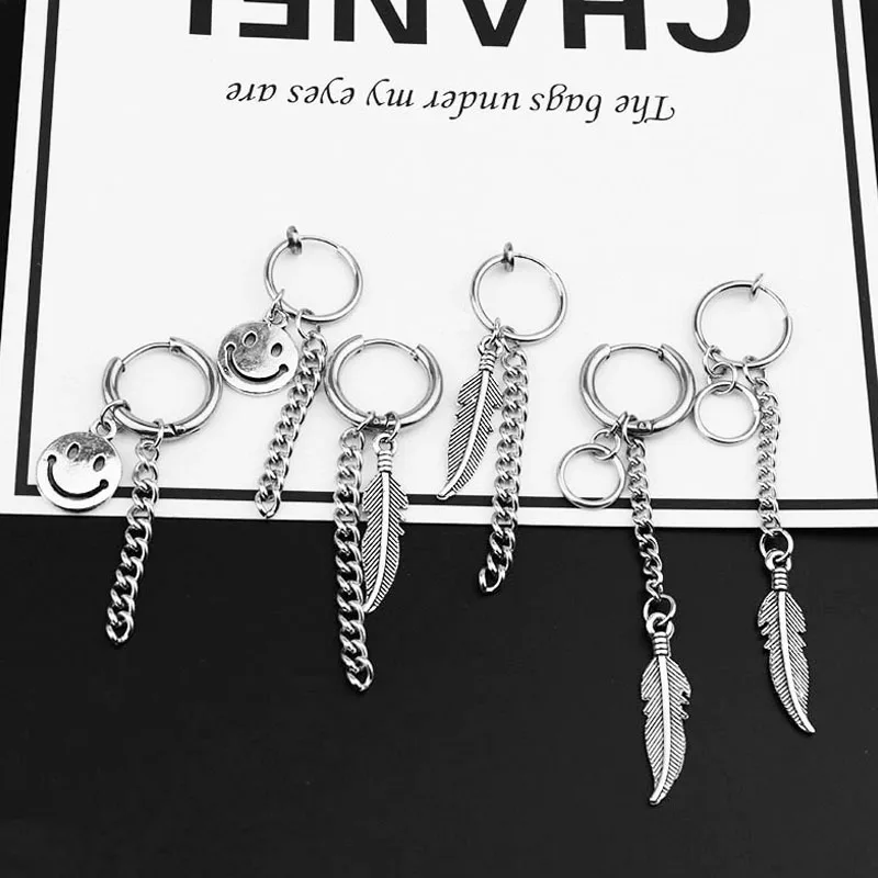 Модные мужские серьги в стиле панк гвоздики с перьями кисточкой смайликом