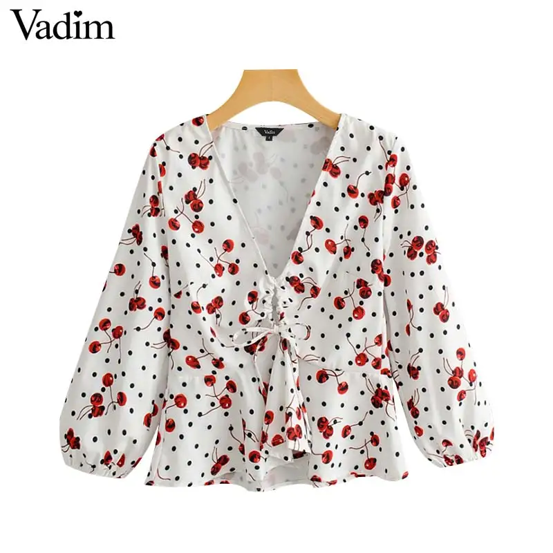 Vadim womem cherries блузка с принтом V шейный галстук бабочка длинным рукавом милые