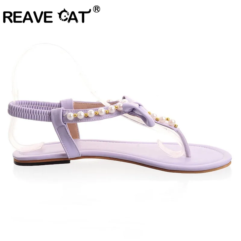 Reave Cat/большой размер 31-45 брендовые сандалии Для женщин летние сандалии сладости мода белый фиолетовый зеленый розовый Бисер эластичные ql4204