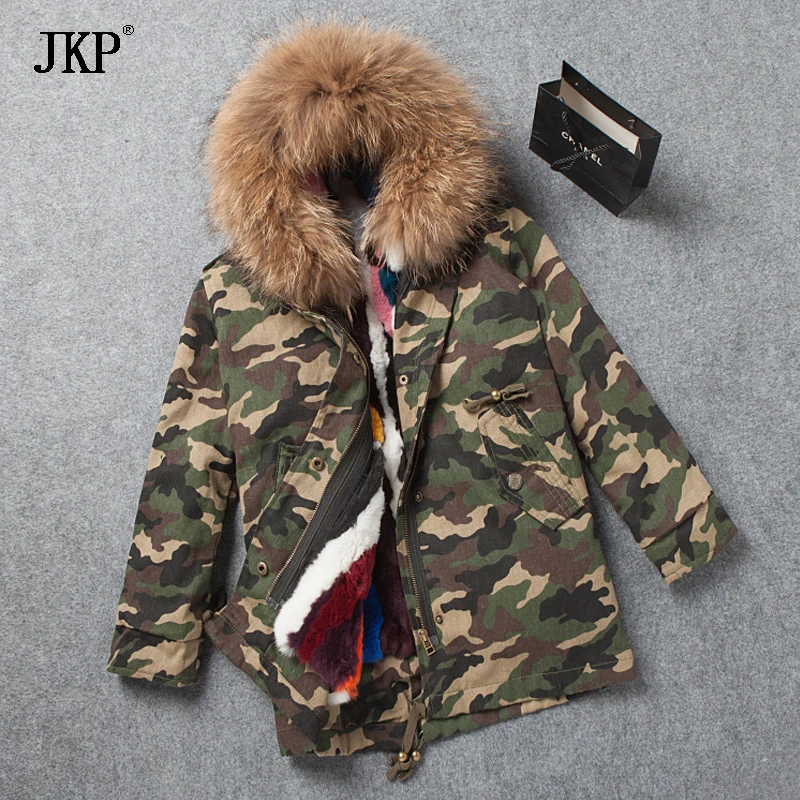 Зимнее детское меховое пальто с воротником из меха енота кроличьего для