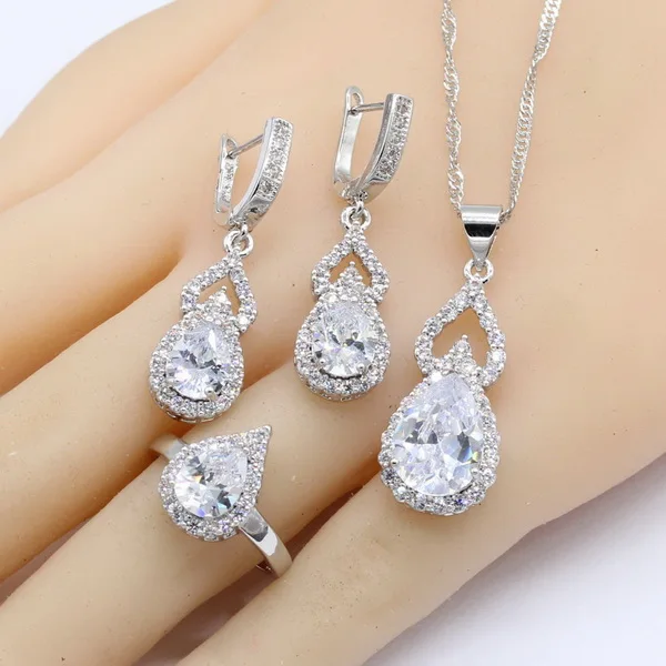 White Cubic Zircnoia 925 Sterling Silver Bridal Jewelry Sets For Women Bracelet Earrings Necklace Pendant Rings Gift Box - Окраска металла: 3PCS
