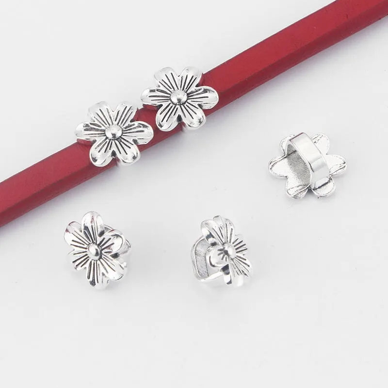 

10Pcs Tibetan Silver Sun Flower Flat Slide Spacer Beads for DIY 10x6mm Flat Leather Cord Bracelet Necklace Jewelry Making