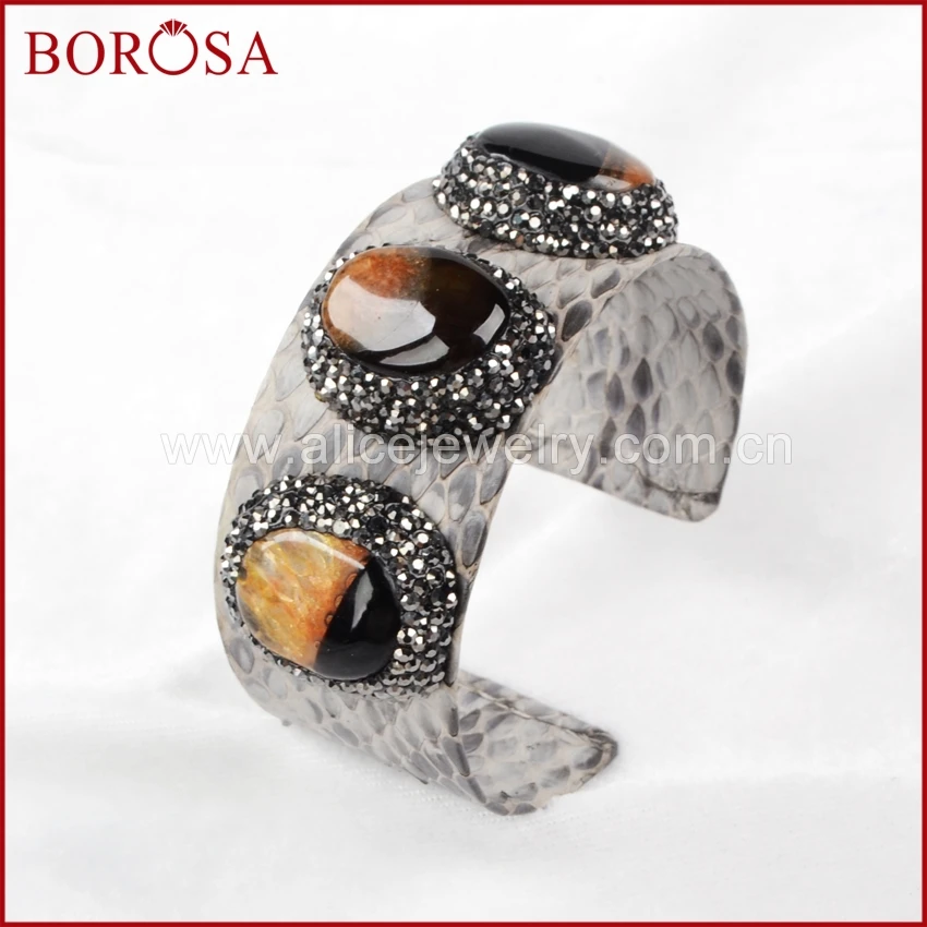 

BOROSA New druzy stone dyed color cuff bangle real snakeskin leather bangle adjustable soft gems jewelry for Women JAB428
