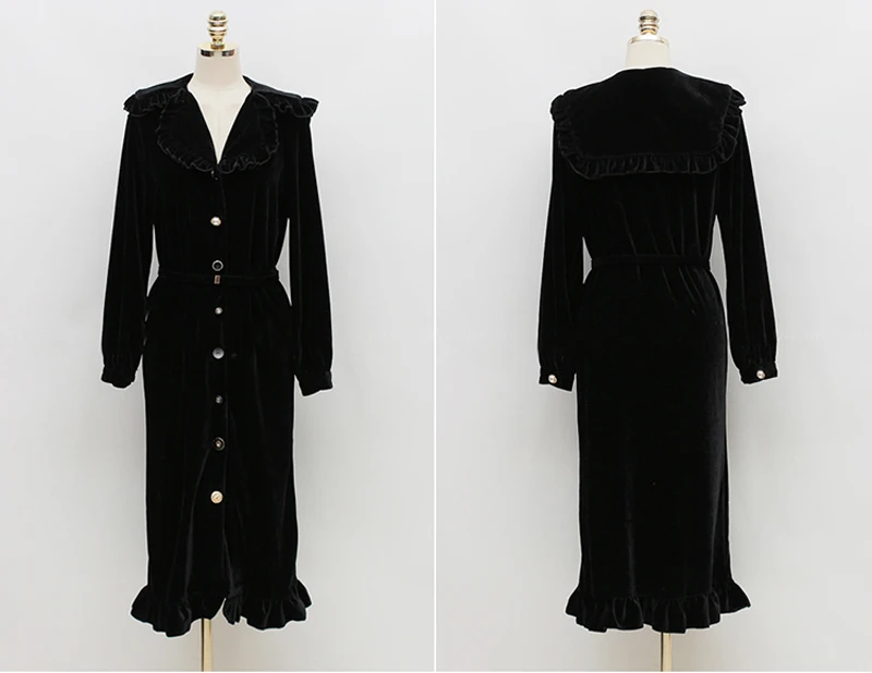 Женское винтажное однобортное бархатное платье длинное с отложным воротником и