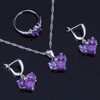 delightful heart shaped purple cubic zirconia silver plated jewelry sets earrings pendant chain ring v0977
