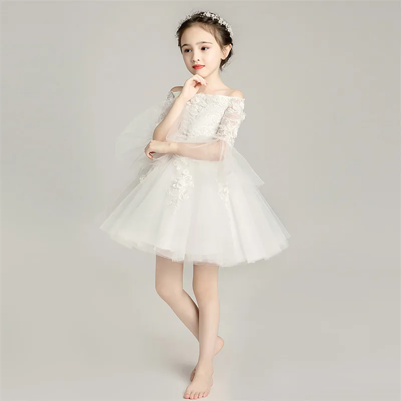 

Girls Children White Color Birthday Wedding Party Princess Flowers Lace Prom Dress Kids Teens Elegant Piano Costume Host Dress