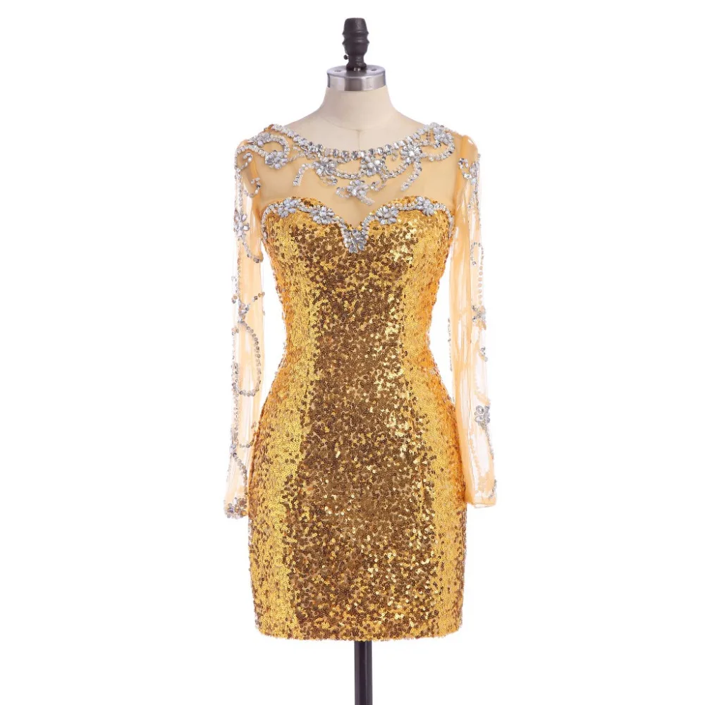Модель 2017 года блестящие золотистые платья для встречи выпускников с короткими