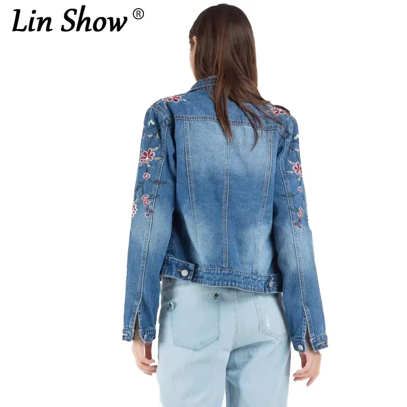 Linshow цветочный Вышивка Весна джинсовая куртка новинка 2017 года Повседневное