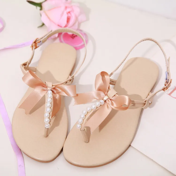 Рим Сандалии 2017 Перл Квартиры Пляж Повседневный FlipToe Бабочка-узел Пряжки Ремня