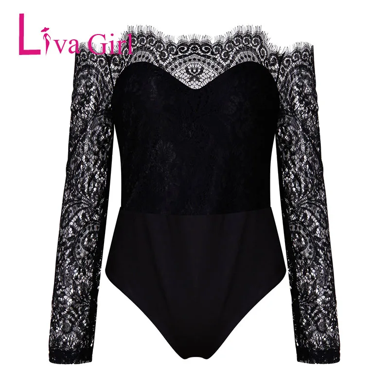 Женский кружевной комбинезон LIVA GIRL черный/белый с открытыми плечами и длинным