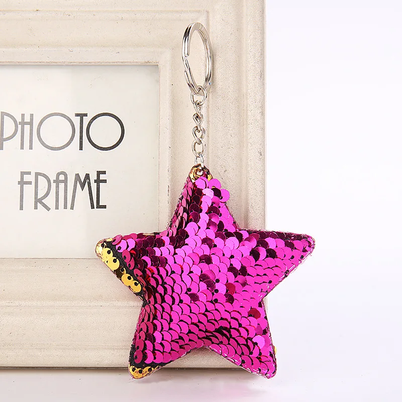 

Cute Shiny Five Star Keychain Fashion Pompom Sequins Key Chain Keyrings for Women Car Bag Pendant Jewelry Birthday Gift K2121