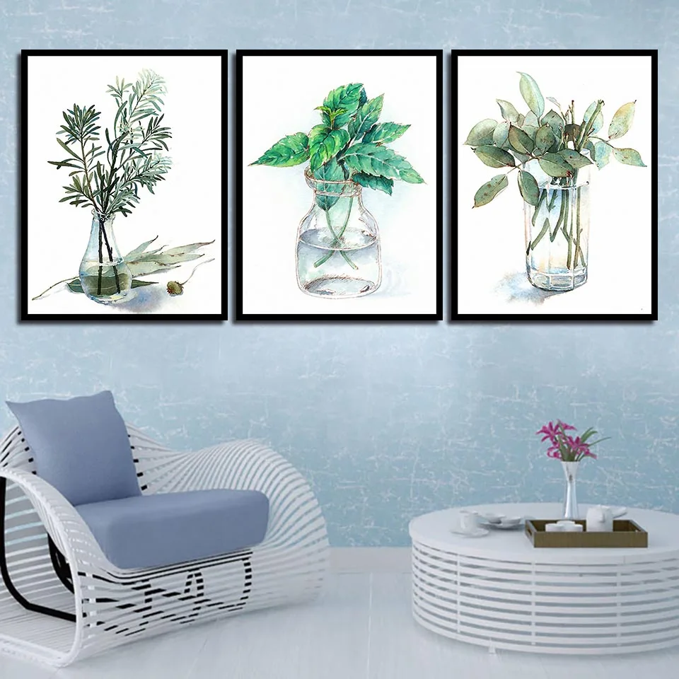 

Nordic Minimalist Glass Bottle Green Plant Leaves Poster Fresh Canvas Painting Art Print Wall Pictures Living Room No Framed