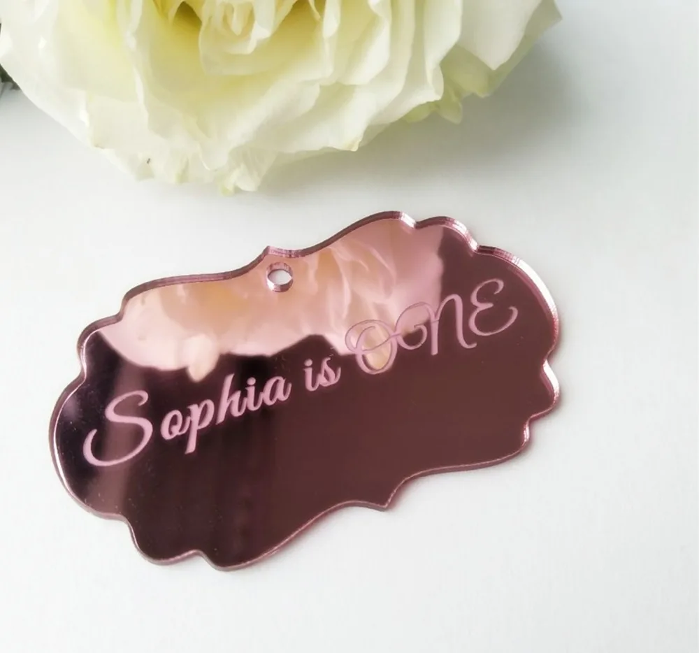 

Personalised Rose Pink Wedding Favor Tags, Mirrored Chocolates Tags, Custom Mirrored Tags Mirror Sticker