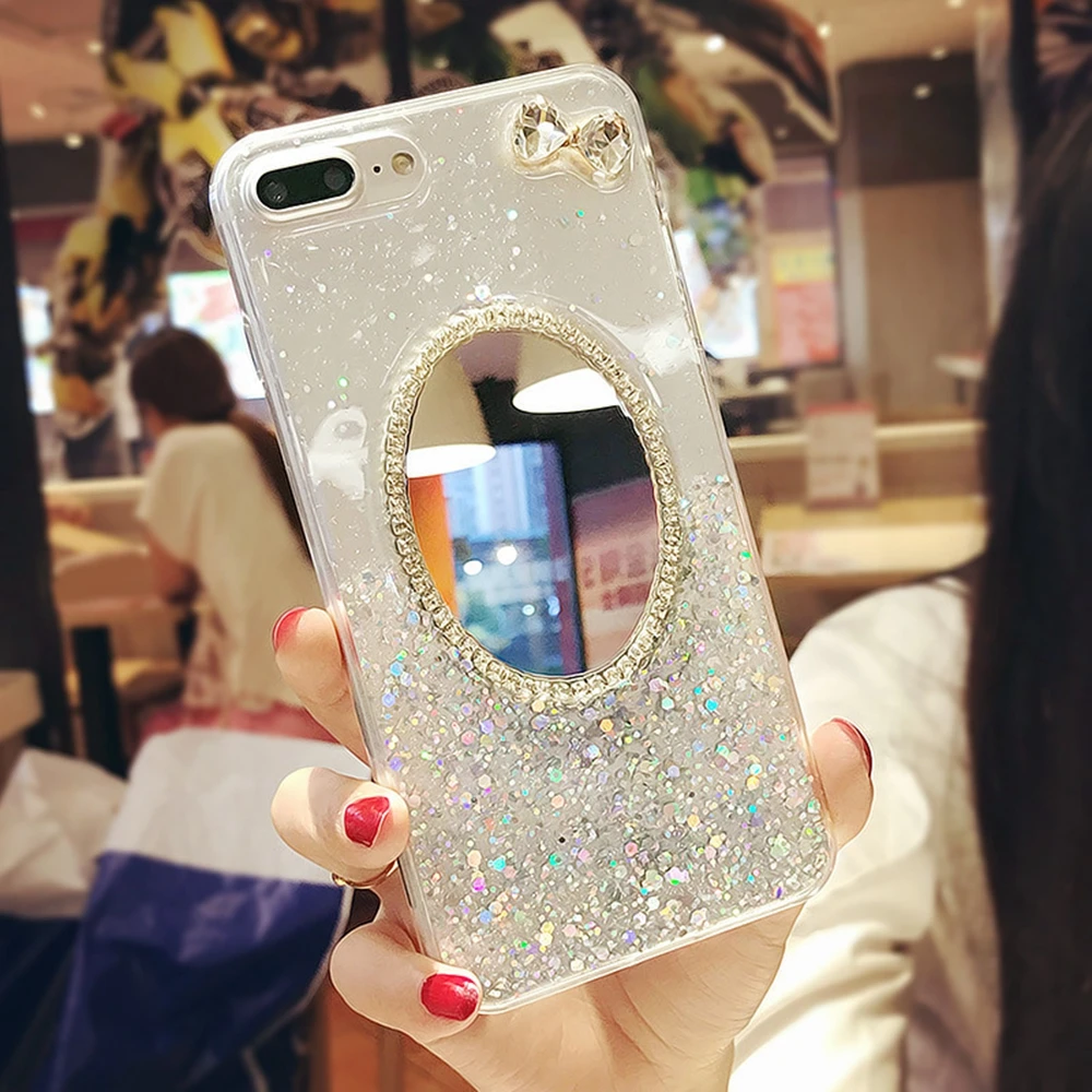 Heyytle Cute Glitter Phone Case For iPhone X 8 7 6 6s Plus Cases Mirror Back Cover Buling Crystal Bow Pattern Soft Female Shell |