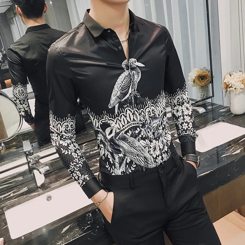 17 spring new fashion bird printing, men's long sleeves, slim Korean shirts, 1620 black P55