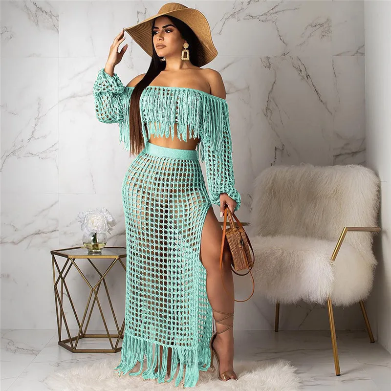 

Knitted Fishnet Tassel 2 Piece Suit Sexy Slash Neck Grid Hollow Out Splicing Top+ Side Split Maxi Skirt Summer Beach Outfits