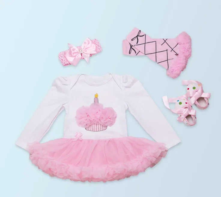 Baby Girl Birthday Cupcake Clothing Sets Long Sleeve Cotton Tutu Romper Dress Jumpsuit Lace Shoes Socks Infant Costumes Gifts