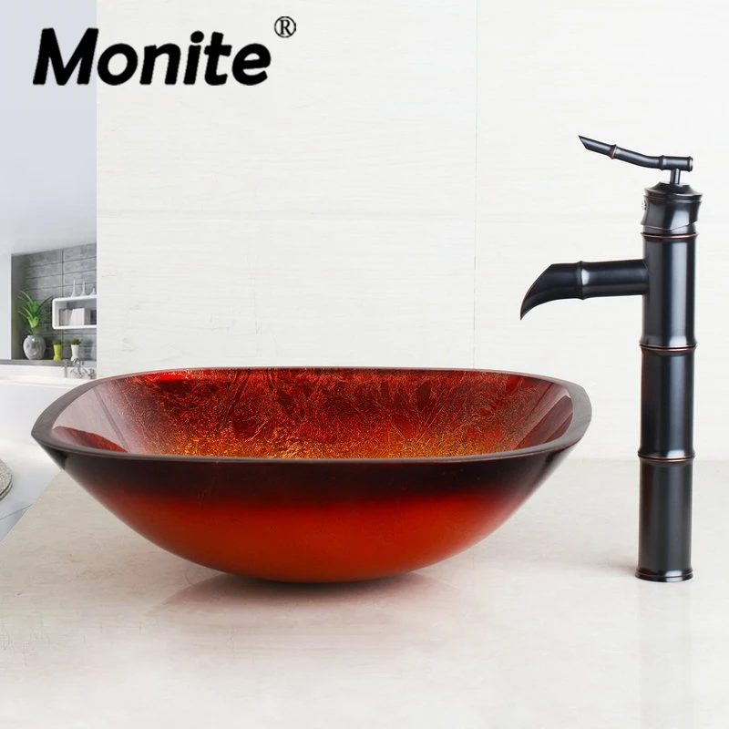 

Black Bathroom Sink Washbasin Bath Set Faucet Mixer Taps Square Gold Tempered Glass Oil Rubbed Bronze Bathroom Basin Tap Set