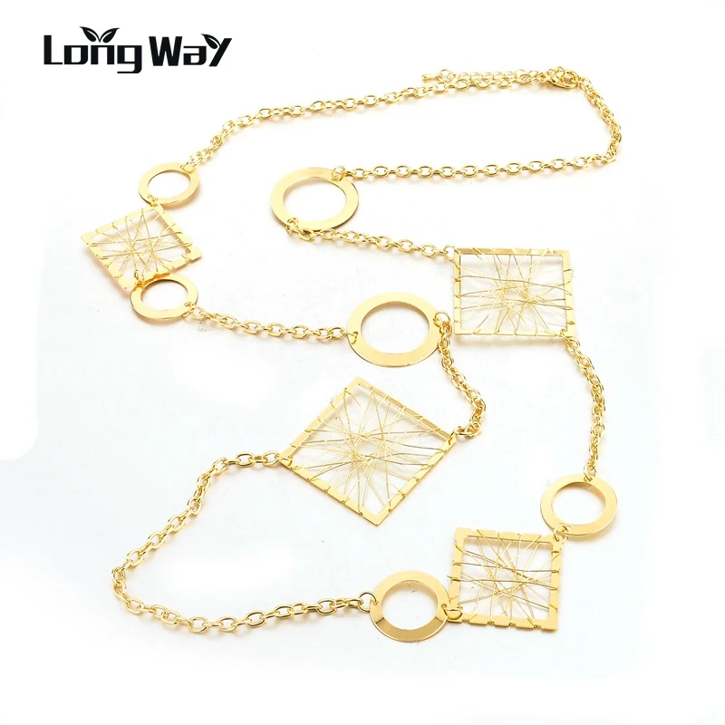 Женское длинное ожерелье-цепочка LongWay золотистого цвета с квадратным кулоном