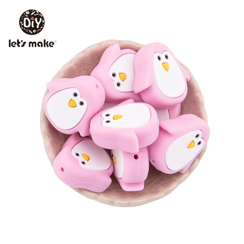Pink Силиконовые бусины с мультяшными пингвинами, животные, прорезыватели для зубов DIY цепочка для прорезывания зубов еда без бисфенола-а, силиконовые 5 шт., Детские трофеи - Цвет: Pink