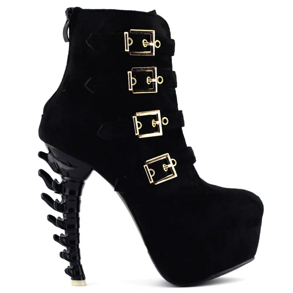 

LF80617 Lady Black/Pink/Blue Buckle Strap Bone Heel Ankle Boots Pump