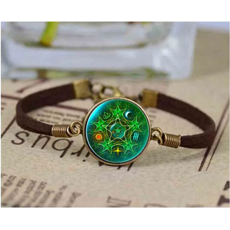 

Personality pentagram Glass Cabochon bracelet Wicca Occult Charms Jewelry Vintage Steel bracelets
