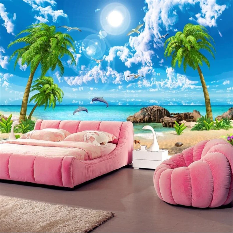 wellyu HD beautiful fantasy seascape coconut beach landscape TV background wall custom large mural green silk cloth wallpaper |