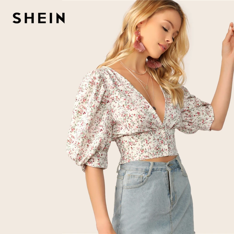SHEIN богемные Ретро Ditsy Цветочные погружающиеся шеи на пуговицах укороченный топ гофрированная блузка женские летние пышные рукава приталенные винтажные блузки