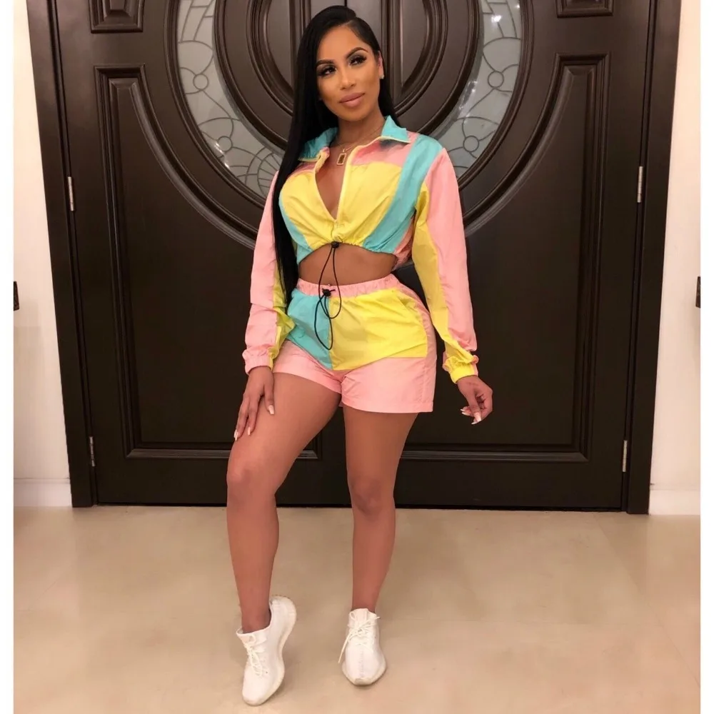 JRRY Patchwork Colors Women Tracksuits Long Sleeve Zippers Crop Top Short Pants Two Pieces Set 2 Print |