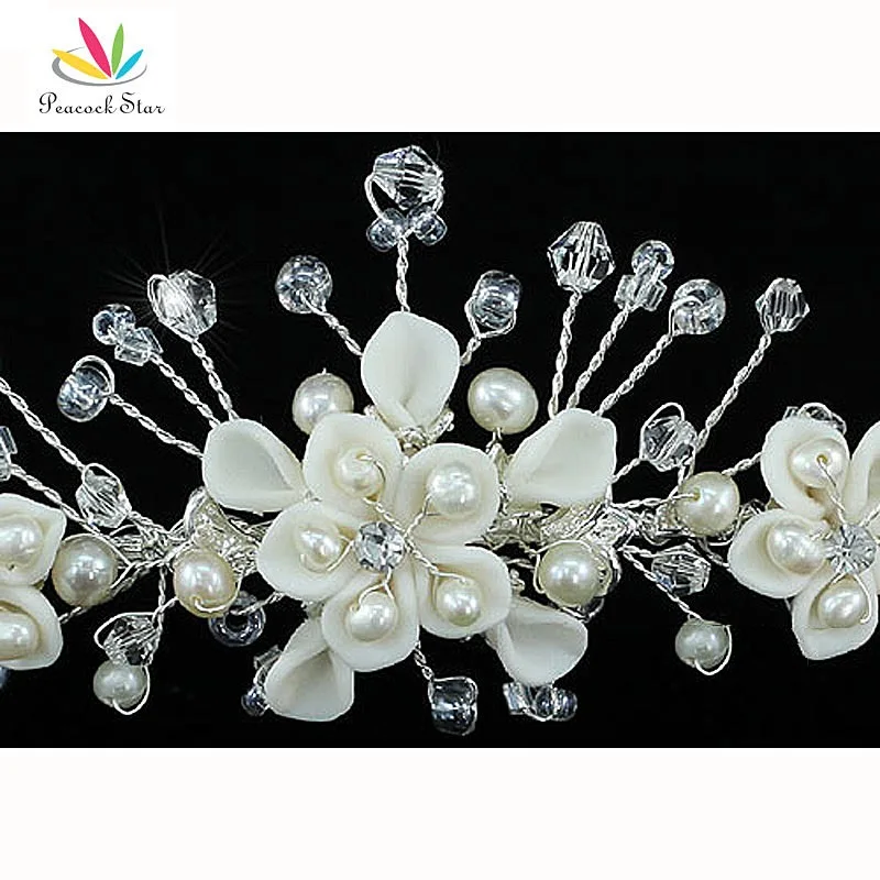 Peacock Star Bridesmaid Bridal Wedding Party Quality Handmade Ivory Ceramic Simulated Pearl Flower Crystal Tiara CT1426 | Украшения и