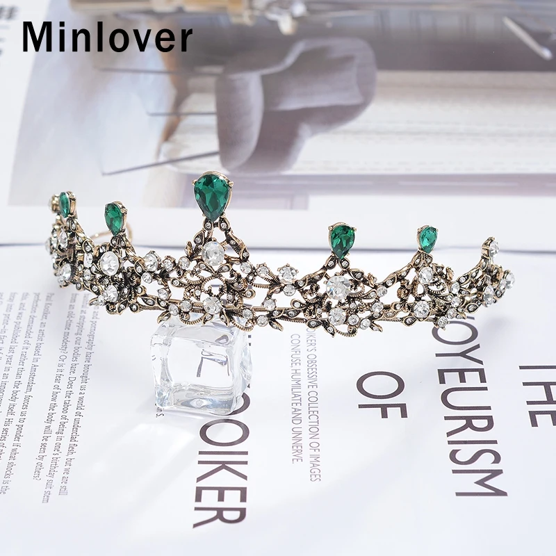 Minlover Винтаж Зеленый Кристалл женские барочные тиары и короны Король Корона
