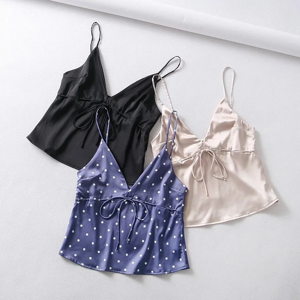 Сексуальная V шеи черный галстук перед Satin Cami бретели Для женщин Crop Tank Top 2019 летних