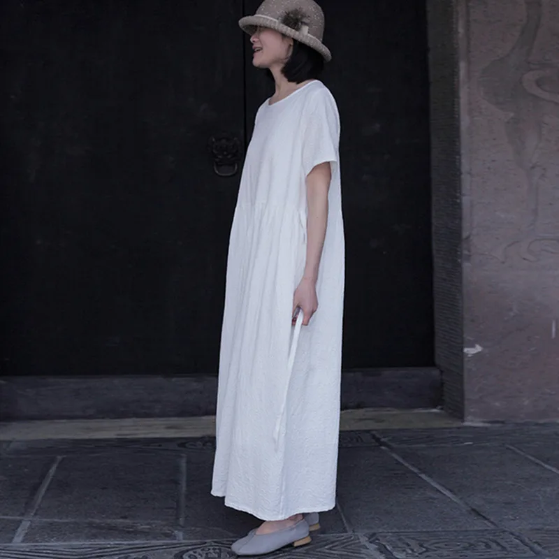 Johnature Cotton Linen Jacquard Women Long Dresses Vintage 2021 Summer Loose Sashes Lace Up Solid Color Short Sleeve | Женская одежда