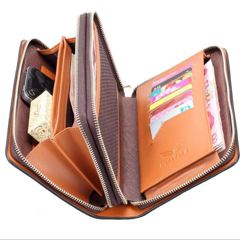 Мужской кошелек из натуральной кожи вместительный бумажник на двойной молнии