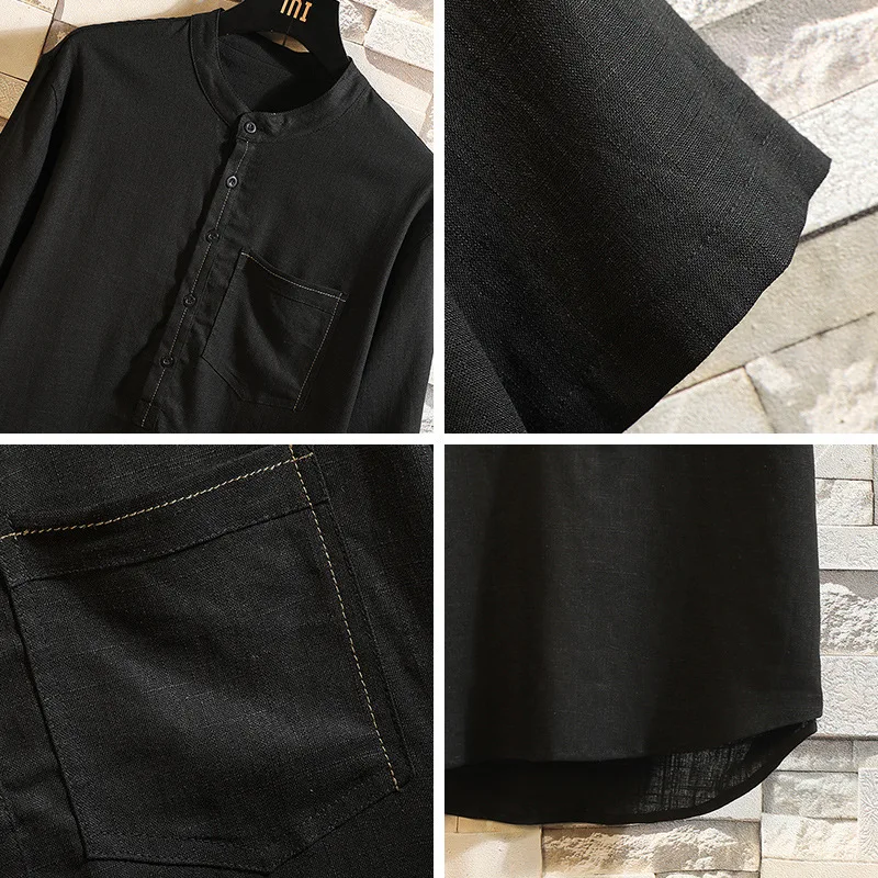 Men's Clothes Half Sleeve Shirt Stand Collar Men Short Chinese Style Japan Solid Casual | Мужская одежда