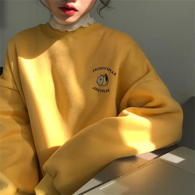 Женский свитшот Harajuku, толстый, Ulzzang, свободный, мультяшный, фруктовый, с надписями, с вышивкой, толстый свитшот, женский, винтажный, кавайный, Милый джемпер