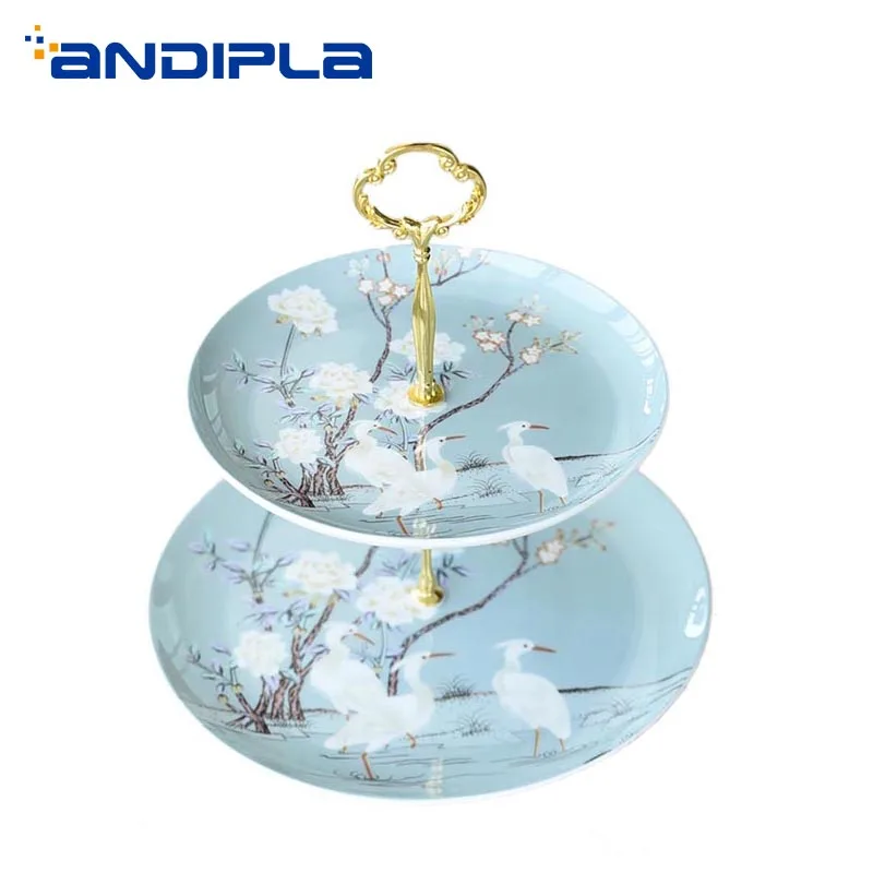 

Crane Pattern Ceramic Fine Bone china Double Layer Fruit Plates Home Garden Dessert Pastry Dish Wedding Party Cake Big Saucer
