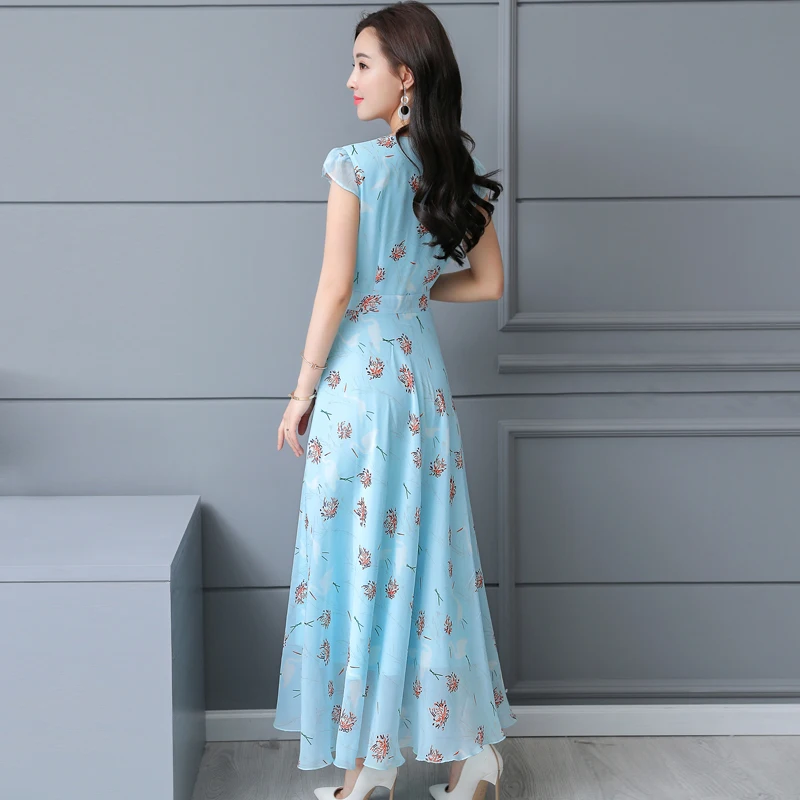 

New Women Summer Dress Sweet Floral Print Chiffon Dress Plus Size Women Clothing Elegant Slim Long Dress Vestidos De Festa